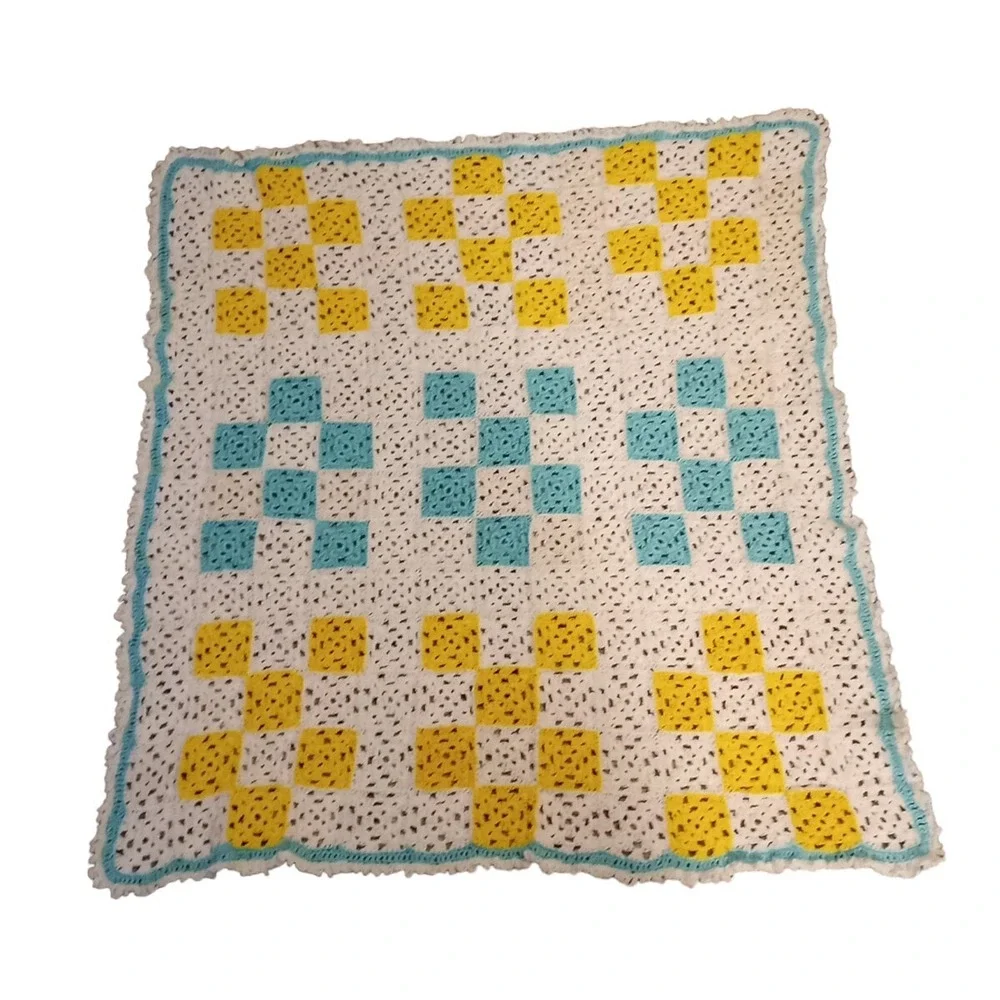 Granny Square Crocheted Baby Nursery Lap Blanket Blue White Yellow 34